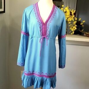 Mods international Bohemian, style dress, medium blue with purple enbroidery. M